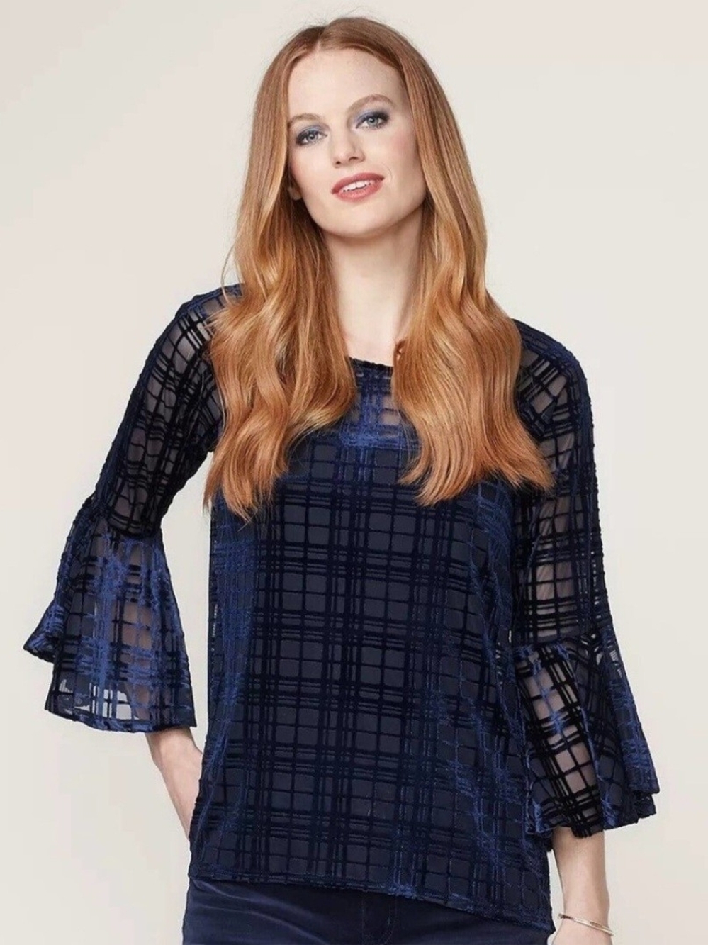 LC Lauren Conrad Sheer Midnight Blue Velvet Top Women's M